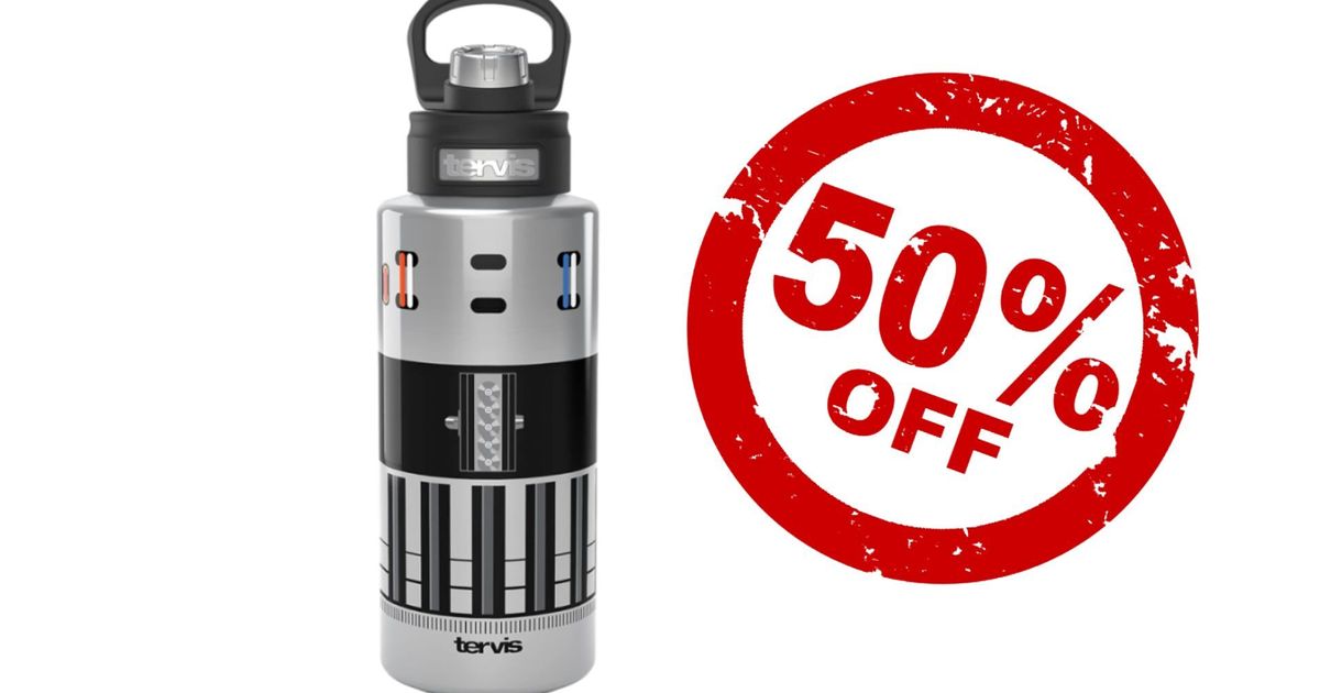 A promotional image featuring a stainless steel Tervis tumbler styled like a Star Wars Lightsaber on a white background. On the right side, there is a large, distressed red stamp with '50% OFF' written in bold white letters, indicating a sale or discount on the product.