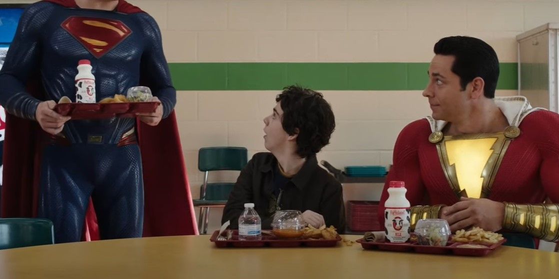 Superman arrives for lunch with Freddy and Shazam