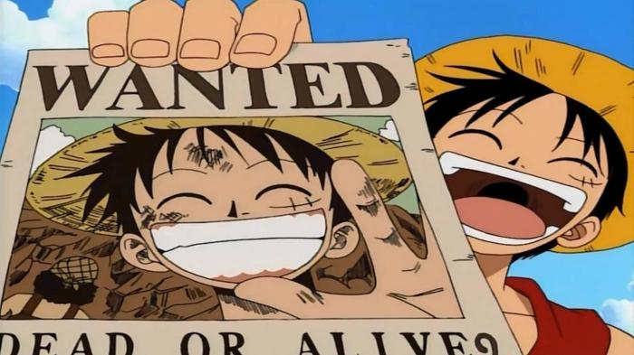 one piece animation monkey d luffy holding wanted sign