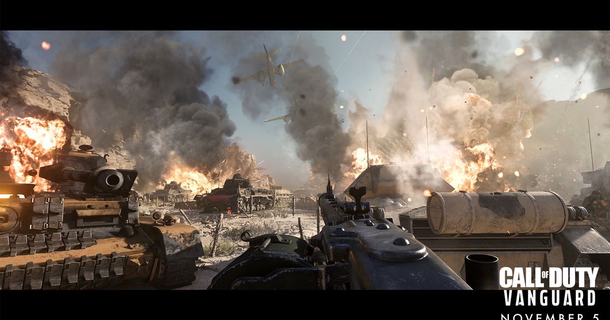 A first person view of a battlefield. On the left is a tank up in flames, fires rage further ahead. Planes fly over.