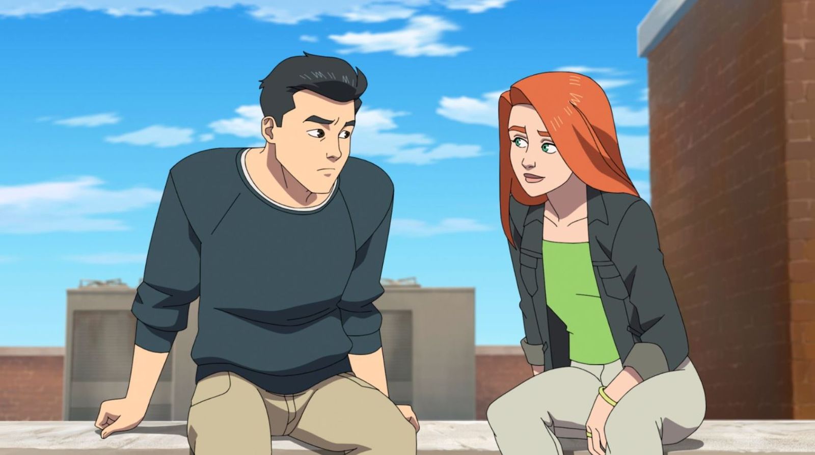 Mark and Eve talking on a rooftop in Invincible season 2