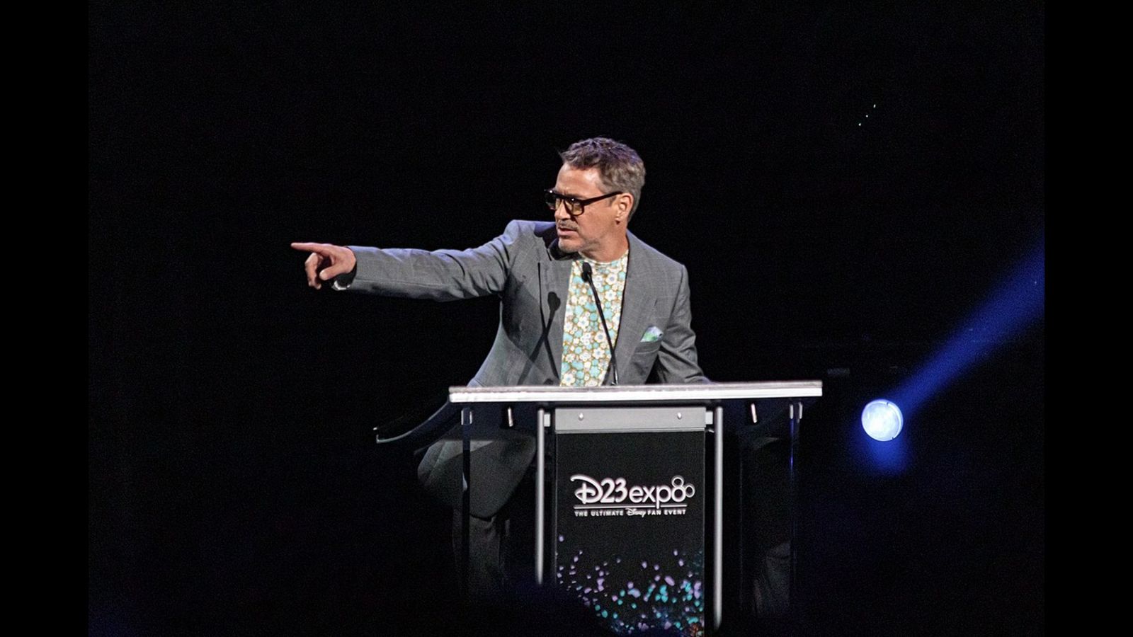 Actor Robert Downey Jr. talking on stage at the 2019 Disney Legends Awards Ceremony