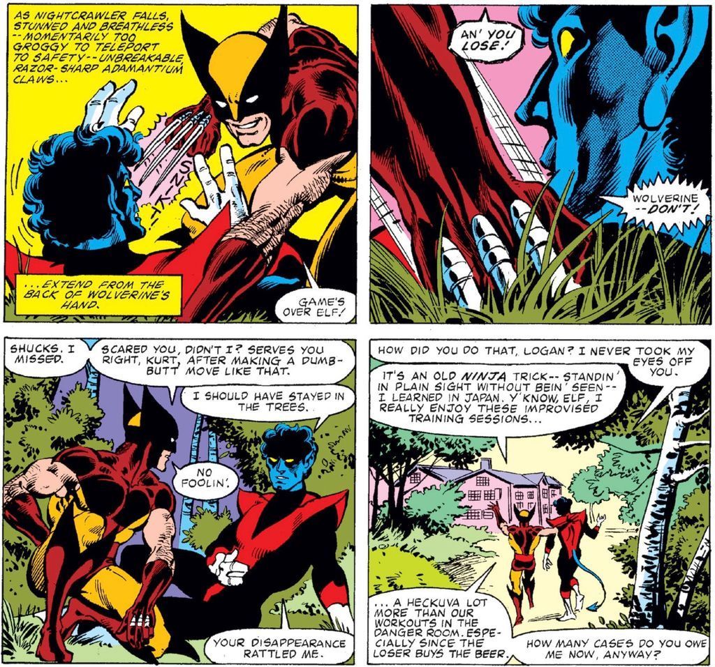 Wolverine showing Adamantium claws to Nightcrawler