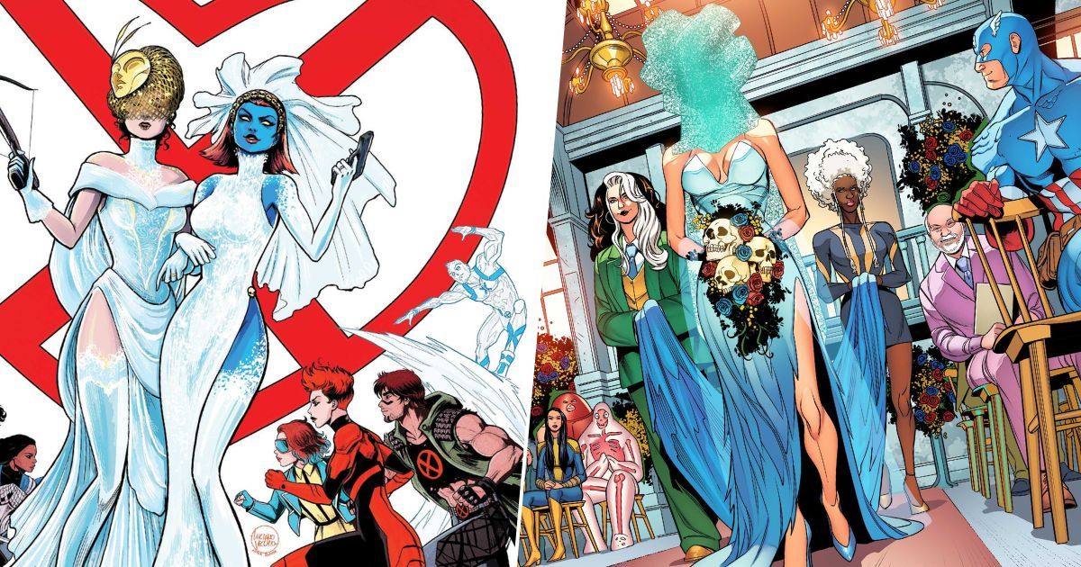 A split image of the X-Men The Wedding Special cover and an interior artwork of the comic
