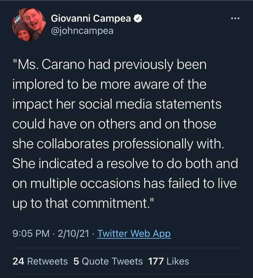 Tweet of John Campea about Gina Carano