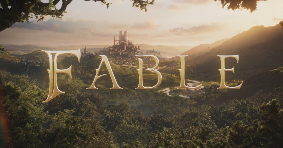 The word Fable in gold letters. In the background is a forest, and beyond that a citadel on a hill