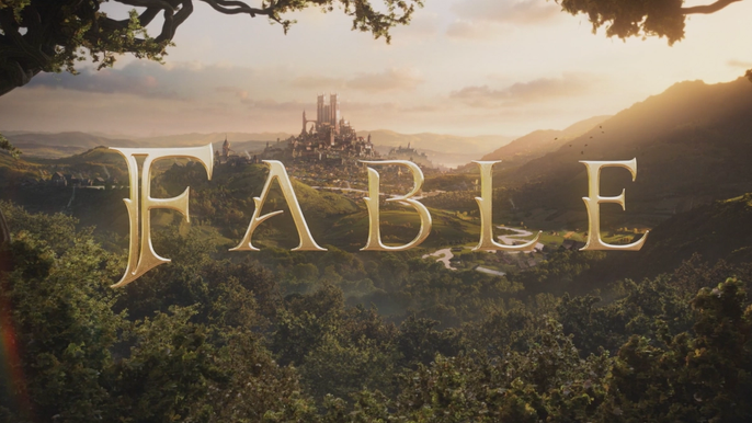 The word Fable in gold letters. In the background is a forest, and beyond that a citadel on a hill