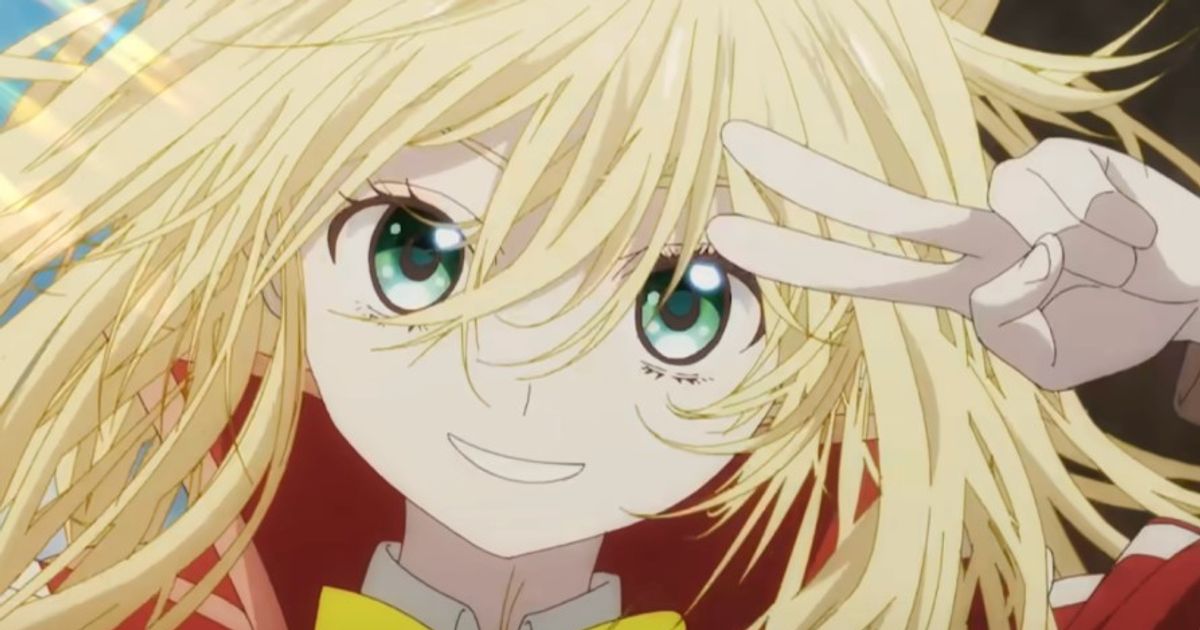 a close up of a blonde anime girl giving a peace sign .