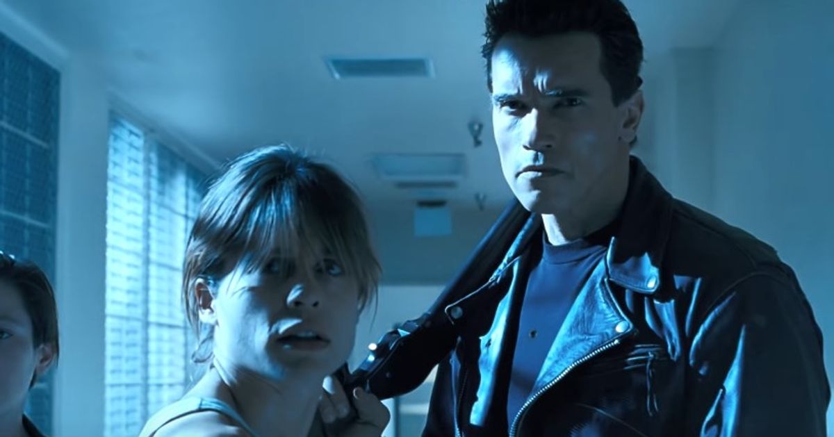 Arnold Schwarzenegger as The Terminator, Linda Hamilton as Sarah Connor in The Terminator