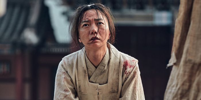 Kingdom Season 1 Bae Doona as Seo-bi kneeling  down with blood on face