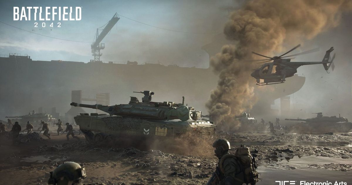 Tanks, infantry and a helicopter traverse a muddy battleground