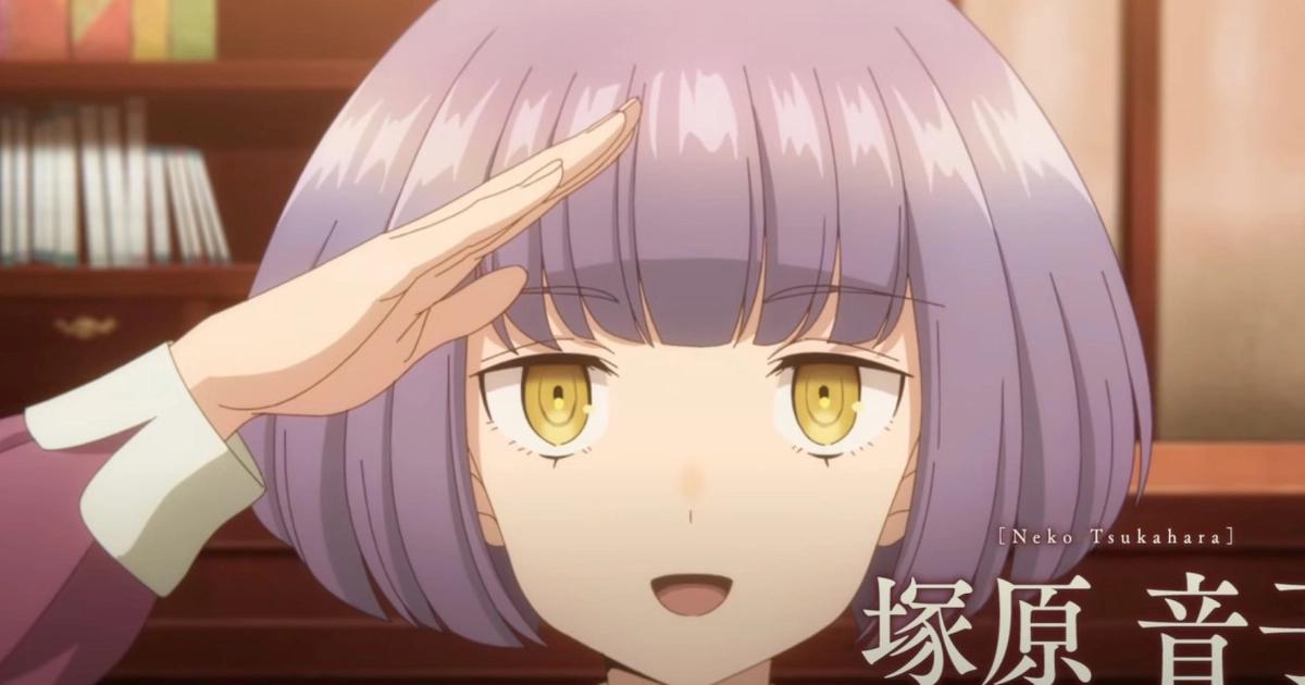 a girl with purple hair and yellow eyes is saluting .