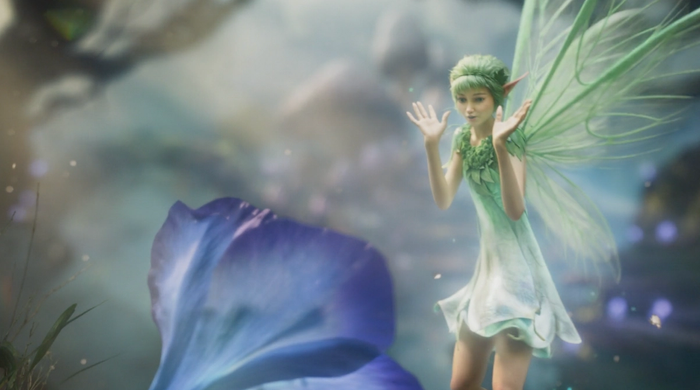 The fairy hovers in front of a beautiful blue flower as it opens