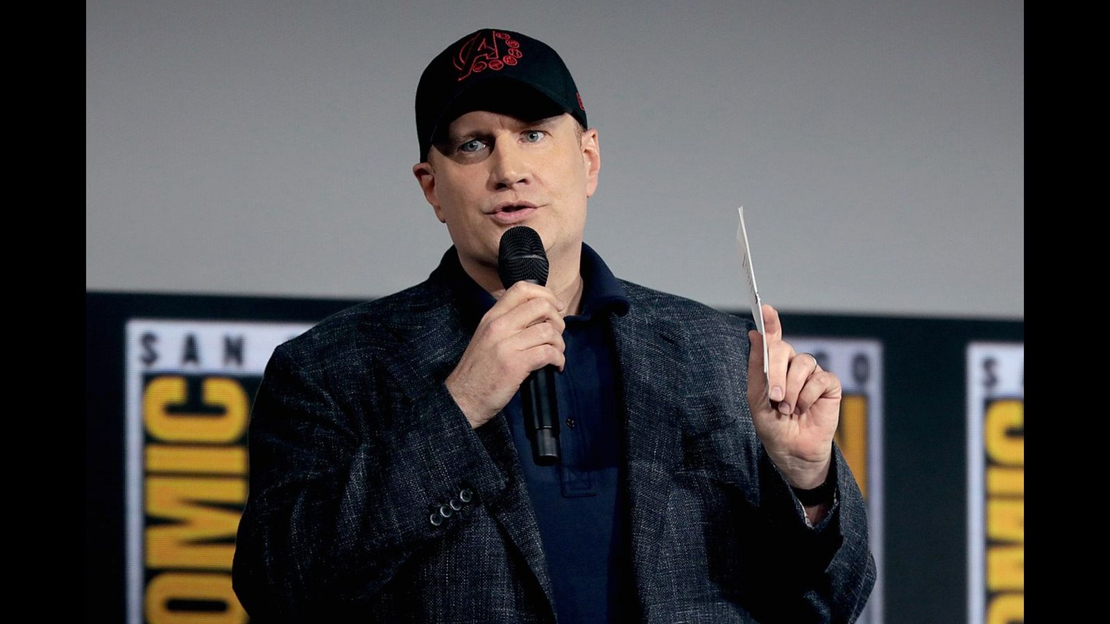 Kevin Feige speaking at the 2019 San Diego Comic Con International, for "The Eternals", at the San Diego Convention Center in San Diego, California.