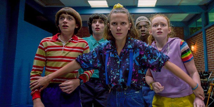 (L to R) Noah Schnapp as Will Byers, Finn Wolfhard as Mike Wheeler, Millie Bobby Brown as Eleven, Caleb McLaughlin as Lucas Sinclair, and Sadie Sink as Max Mayfield 