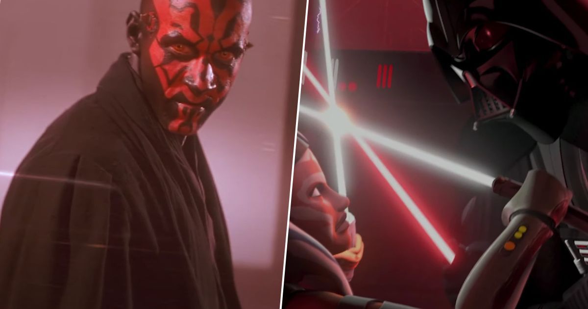 Credit: Custom image by Louie Anne; Split image of Darth Maul from Phantom Menace and Ahsoka Tano vs Darth Vader from Star Wars Rebels -  Source: Screenshots from https://www.youtube.com/watch?v=3mJFjNu51IQ and https://www.youtube.com/watch?v=eU9JRYzUBBg License: fair use for promotional, commentary and news purposes