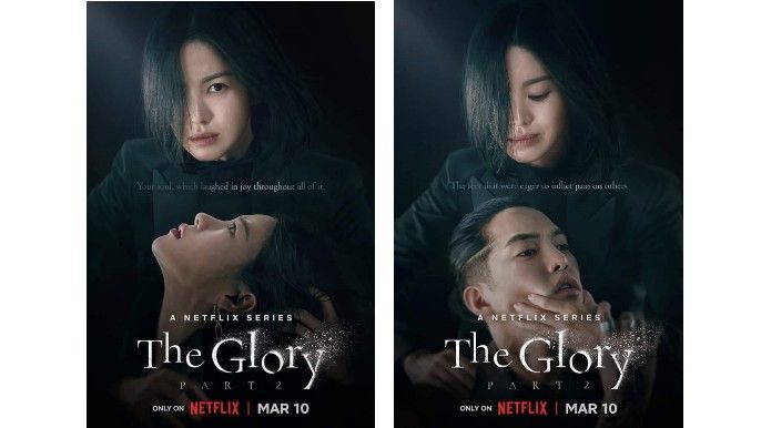 Song Hye Kyo as Moon Dong Eun, Lim Ji Yeon as Park Yeon Jin, Kim Gun Woo as Son Myeong O in The Glory 2 official posters