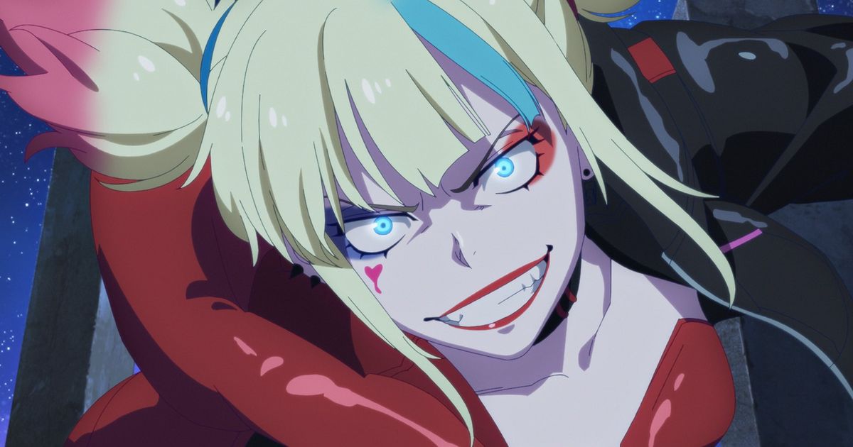 a close up of a harley quinn anime character making a funny face .