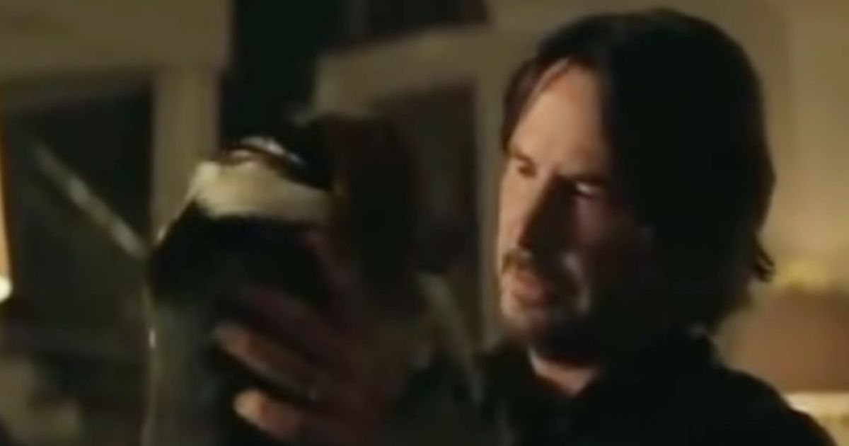 Keanu Reeves as John Wick holding up beagle named Daisy in John Wick