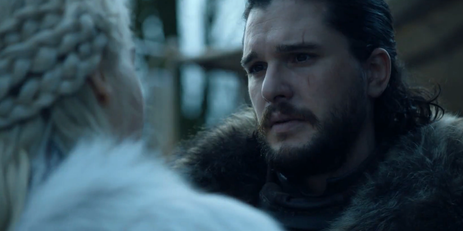Jon looking at Daenerys in Game of Thrones