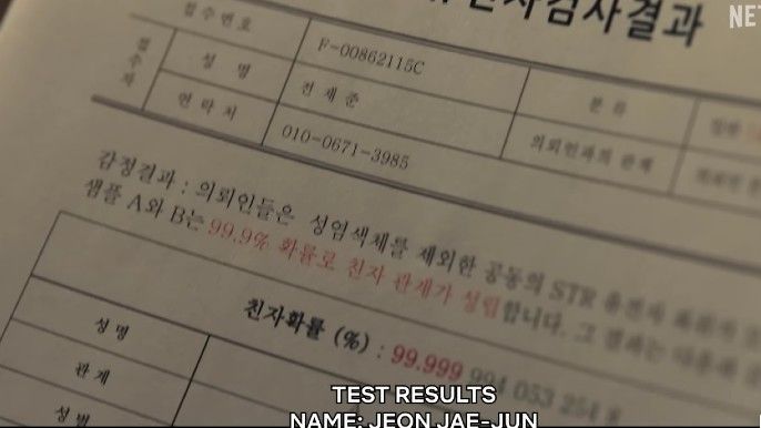 DNA test results for Jeon Jae-Jun (played by Park Sung-Hoon) in The Glory