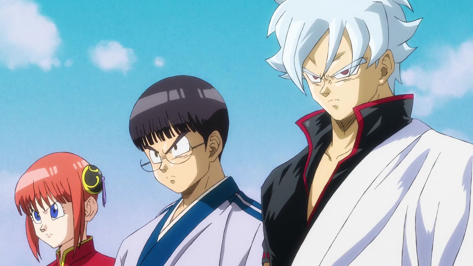 Kagura, Shinpachi, and Gintoki in the Dragon Ball art style.
