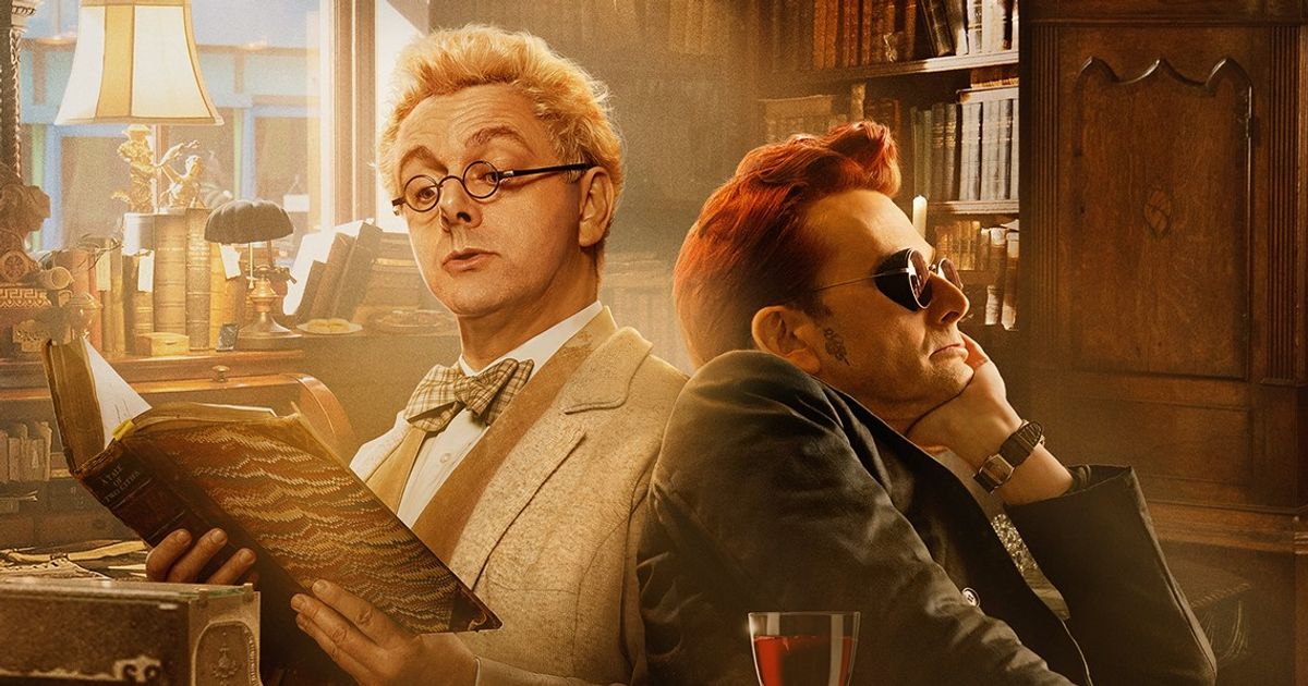Aziraphale reading a book and Crowley looking somewhere