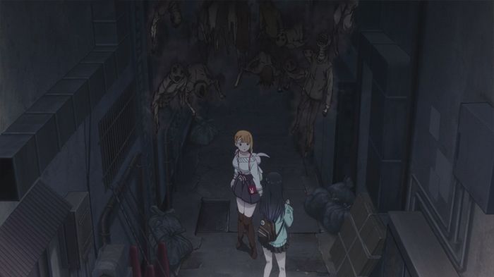Miko and Hana in a dark alley filled with ghosts.