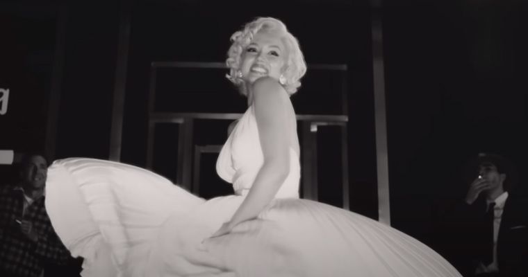 Blonde Ana de Armas as Marilyn Monroe iconic white dress flip photo