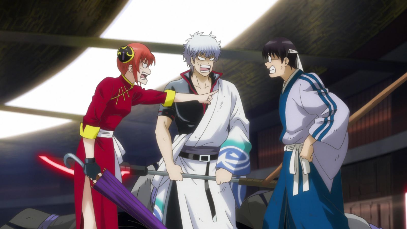 Kagura, Gintoki, and Shinpachi arguing.