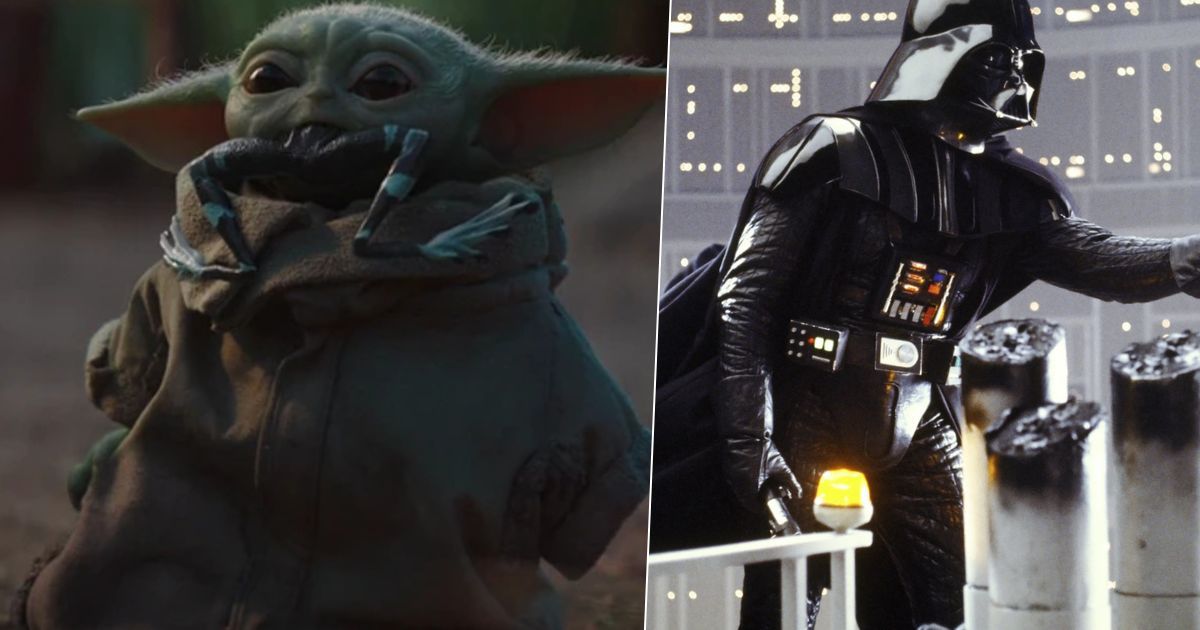 (Left) Grogu from The Mandalorian,  (Right) Darth Vader from Empire Strikes Back