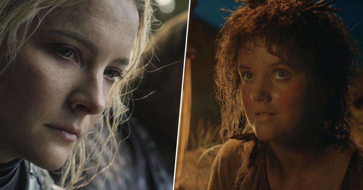Split image of Galadriel and Nori from The Rings of Power
