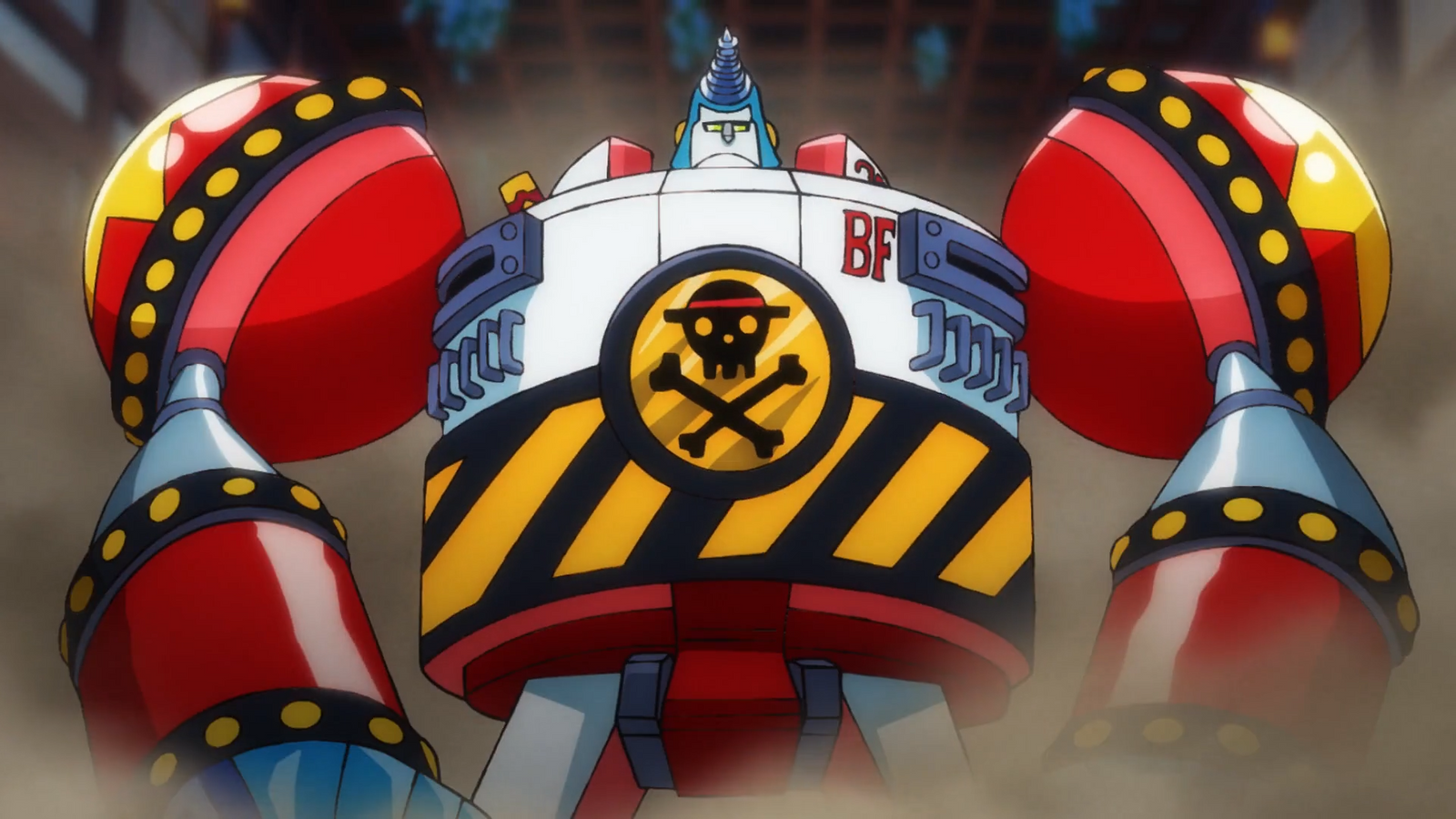 Franky inside the General Franky robot in the Wano arc of One Piece.