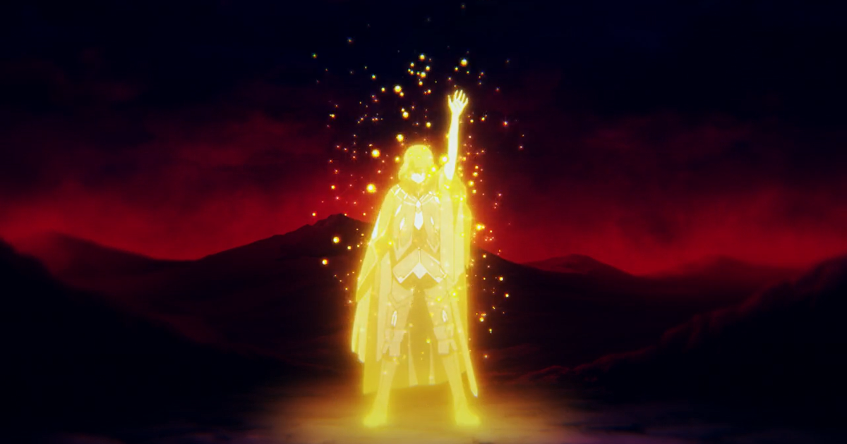 Gaius glowing with his left arm raised.