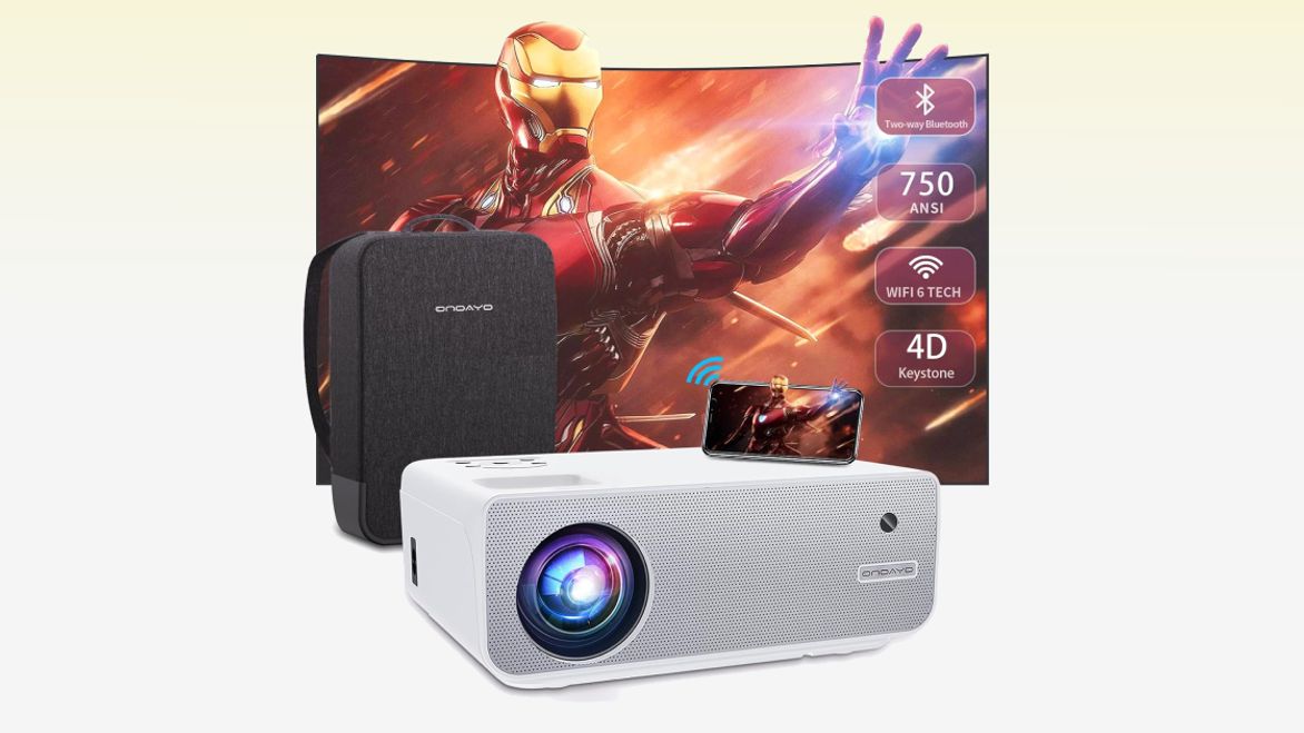 A white box projector with a black bag behind it and a screen with Iron Man on it.