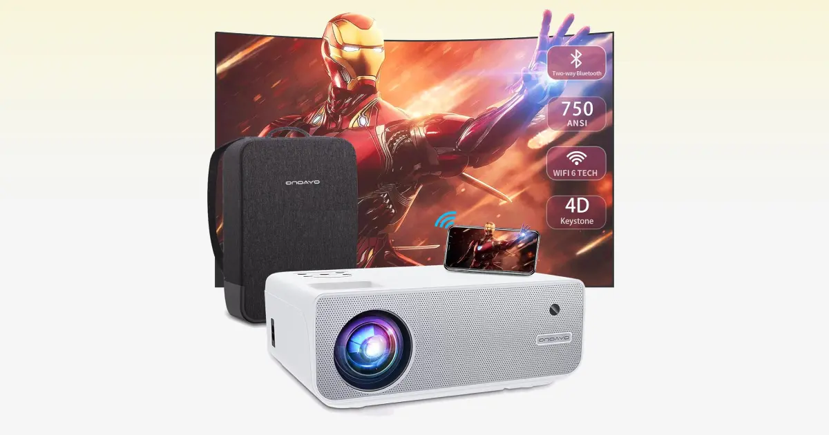 A white box projector with a black bag behind it and a screen with Iron Man on it.