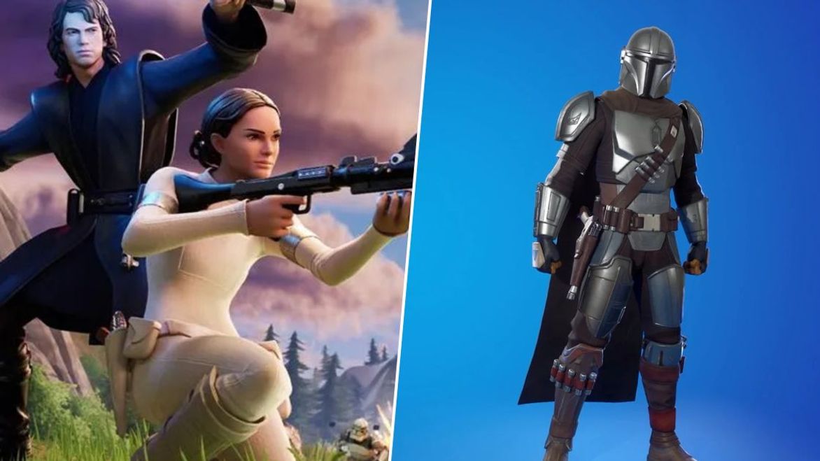 Split image of Padme and Anakin Skywalker in Fornite and an image of the Mandalorian in Fortnite