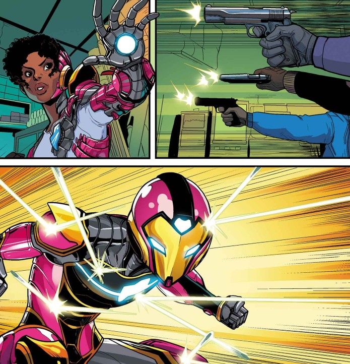 The Ironheart armor protects Riri Williams from gunfire