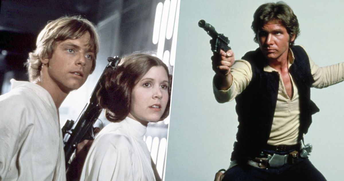 Split image of Luke Skywalker, Leia Organa, and Han Solo