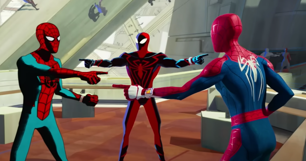 Spider-Men pointing at each other in a new Spider-Man: Across The Spider-Verse clip