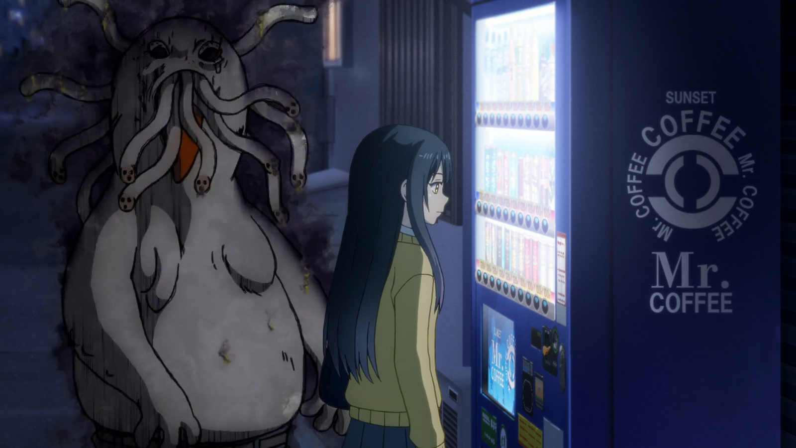 Miko looking at a vending machine with a ghost next to her.