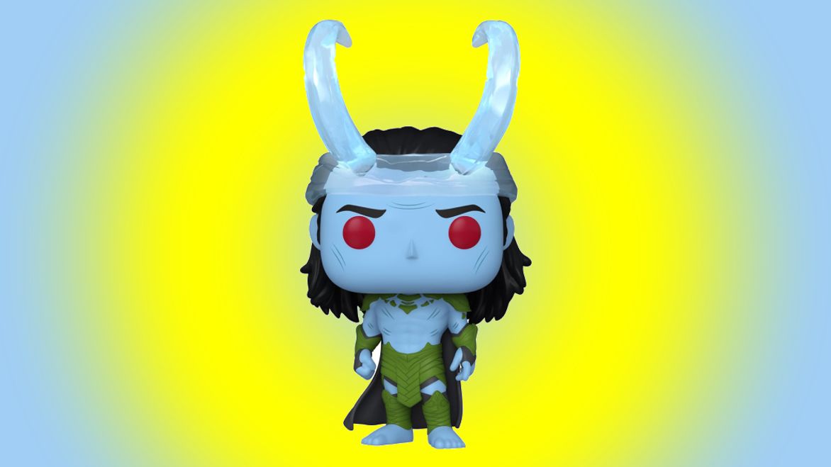 A light blue Frost Giant Loki Funko POP! figure featuring red eyes and an icy blue crown.