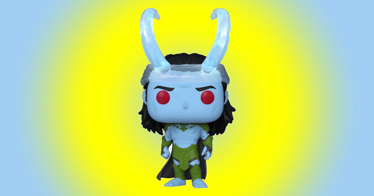 A light blue Frost Giant Loki Funko POP! figure featuring red eyes and an icy blue crown.