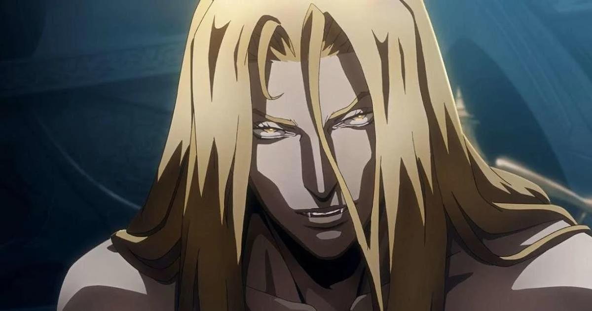 Alucard holding his sword and smiling