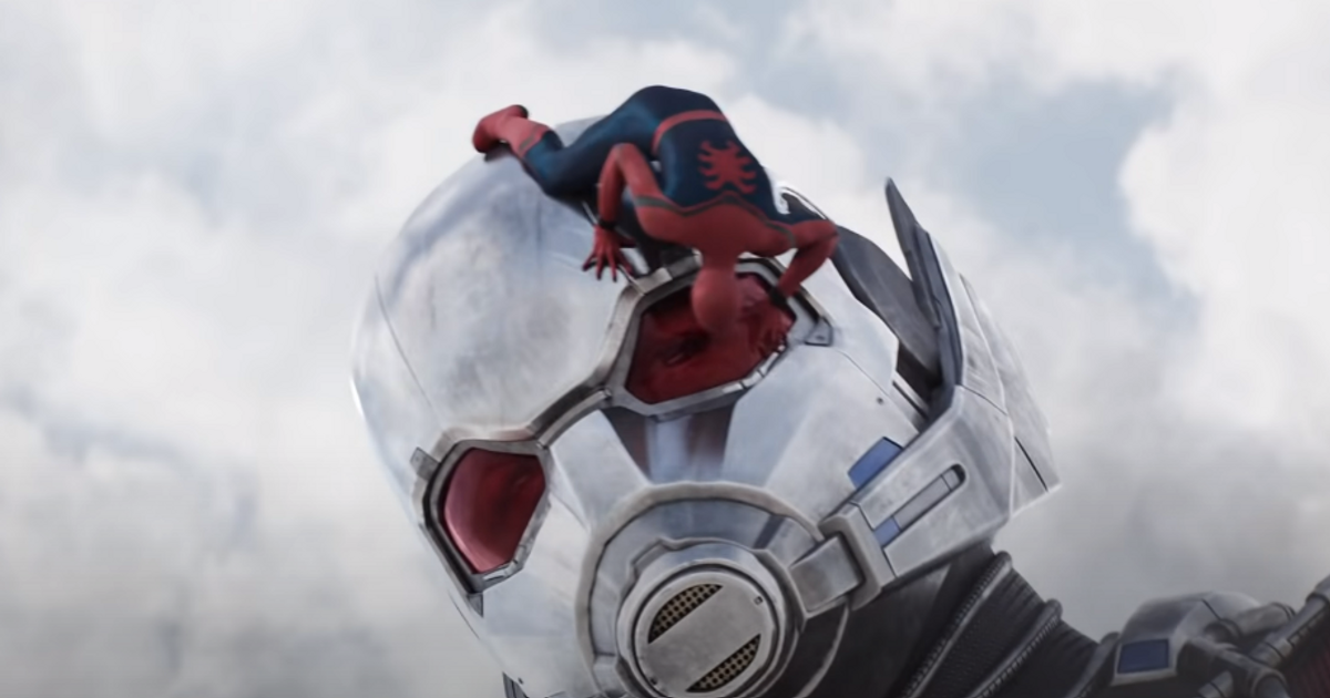Spider-Man climbs over Ant-Man's oversized form
