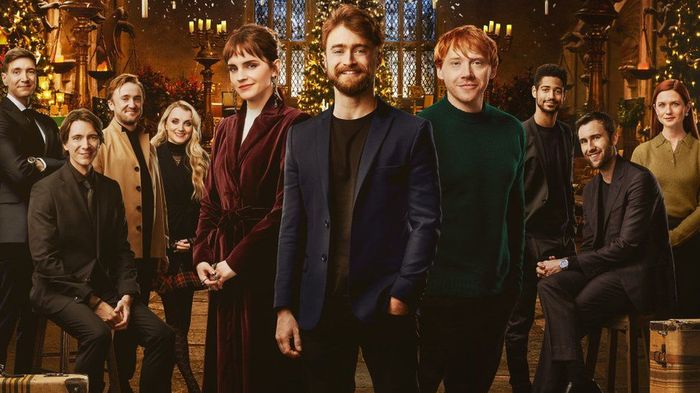 Daniel Radcliffe as Harry Potter, Emma Watson as Hermione Granger, Rupert Grint as Ron Weasley in Harry Potter reunion