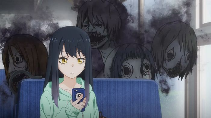 Miko staring at her phone on the bus while surrounded by a ghost with multiple heads.