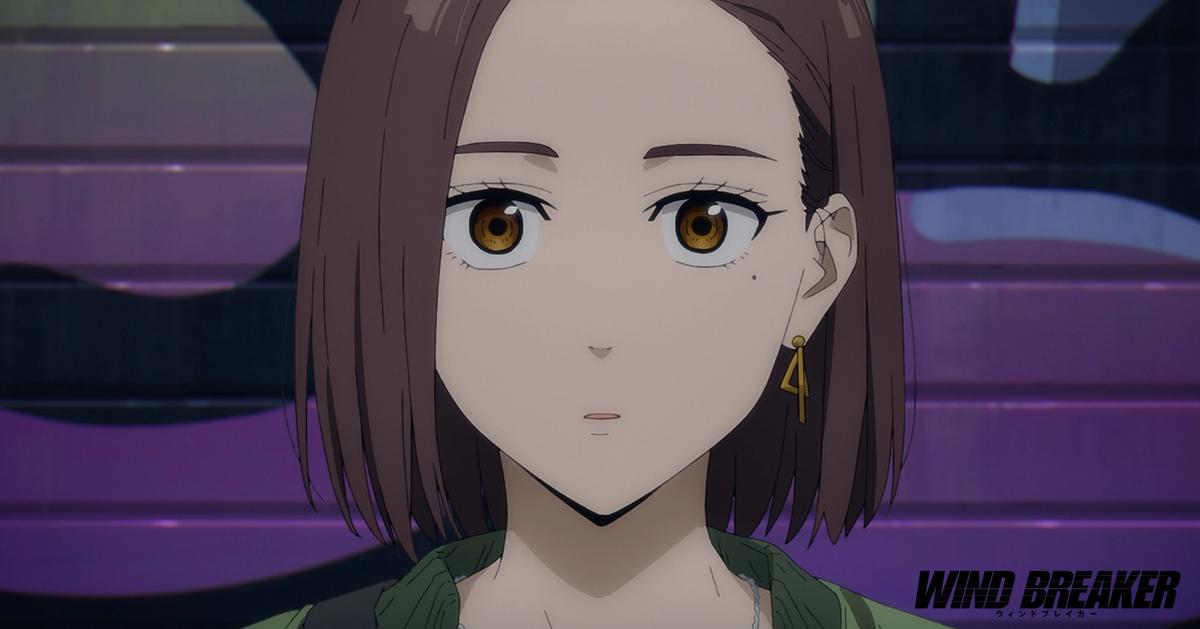 a close up of a woman 's face in a wind breaker anime .