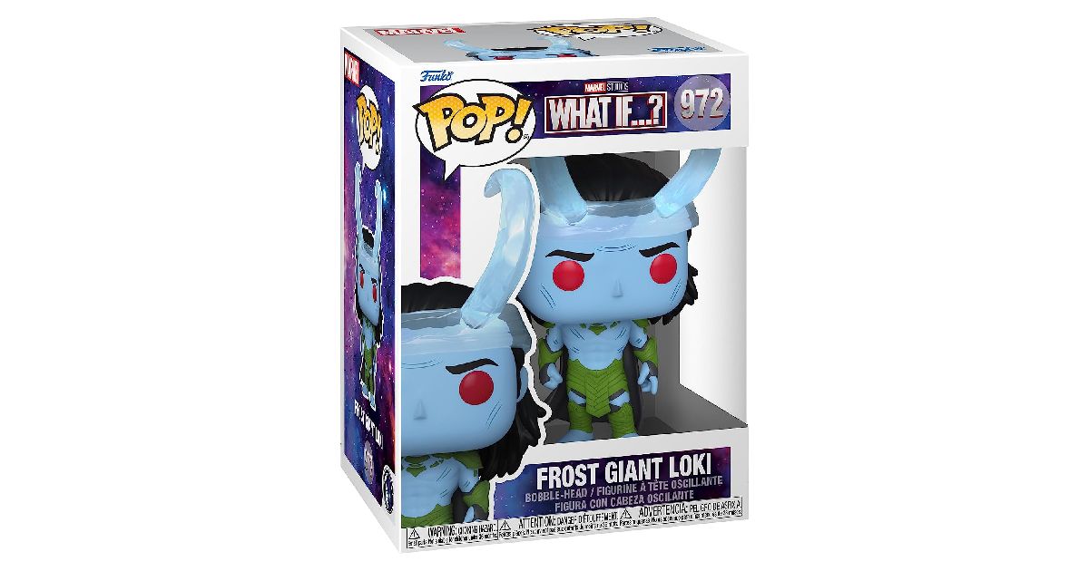 A light blue Frost Giant Loki Funko POP! figure featuring red eyes and an icy blue crown inside a white and purple box.