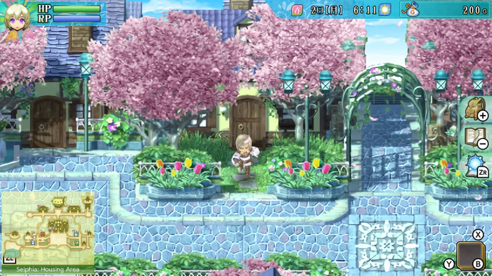 A character exits a building in a town. Cherry blossom trees are in bloom.